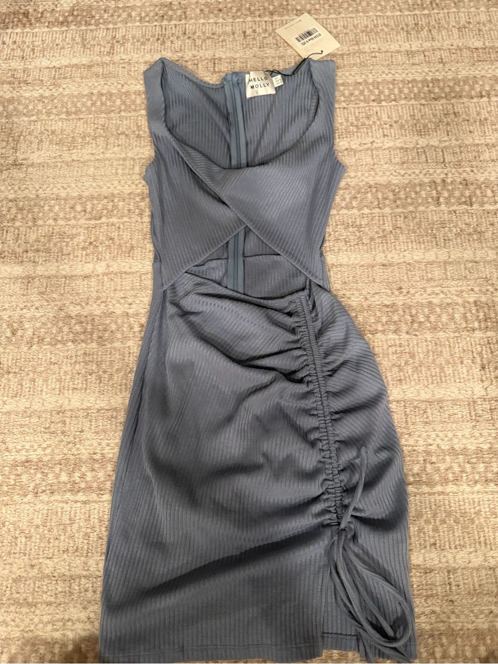 Hello Molly Steel Blue Ribbed Ruched Mini Dress